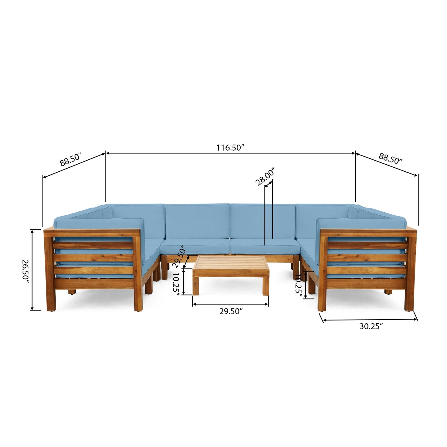 Set di 9 divani componibili a forma di U in legno di acacia Oana Outdoor di Christopher Knight Home