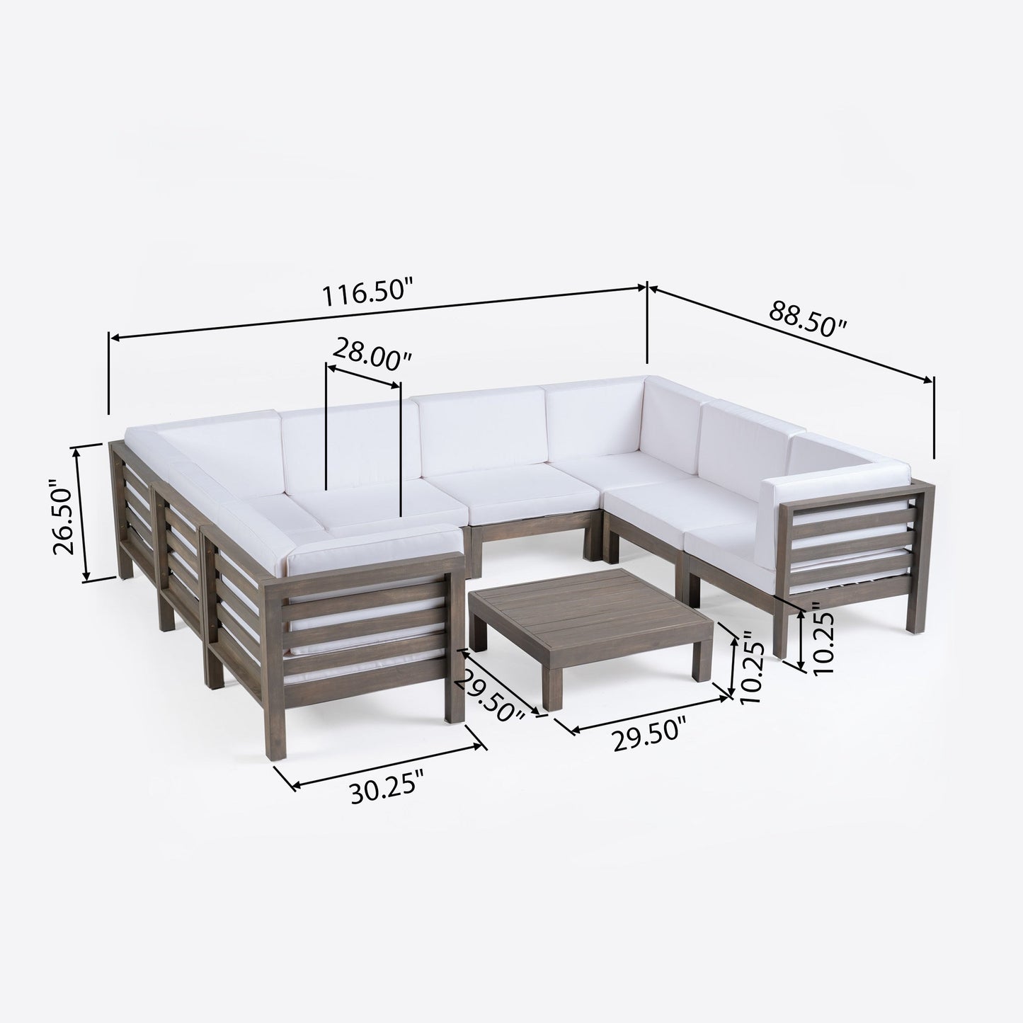 Set di 9 divani componibili a forma di U in legno di acacia Oana Outdoor di Christopher Knight Home