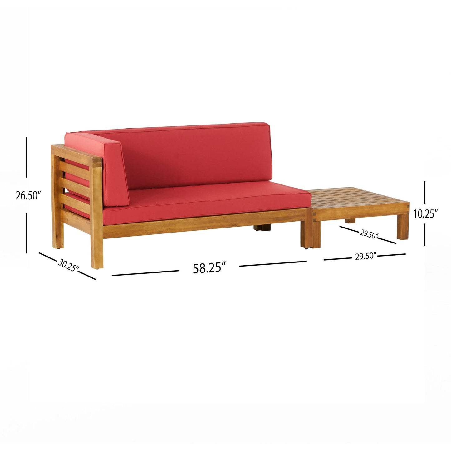 Set di divano a due posti e tavolino da caffè con bracciolo sinistro in legno di acacia Oana per esterni con cuscino di Christopher Knight Home