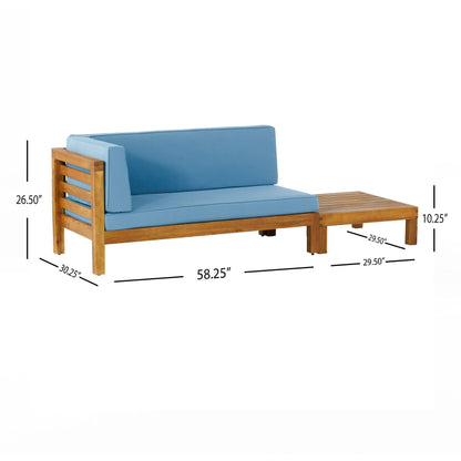 Set di divano a due posti e tavolino da caffè con bracciolo sinistro in legno di acacia Oana per esterni con cuscino di Christopher Knight Home