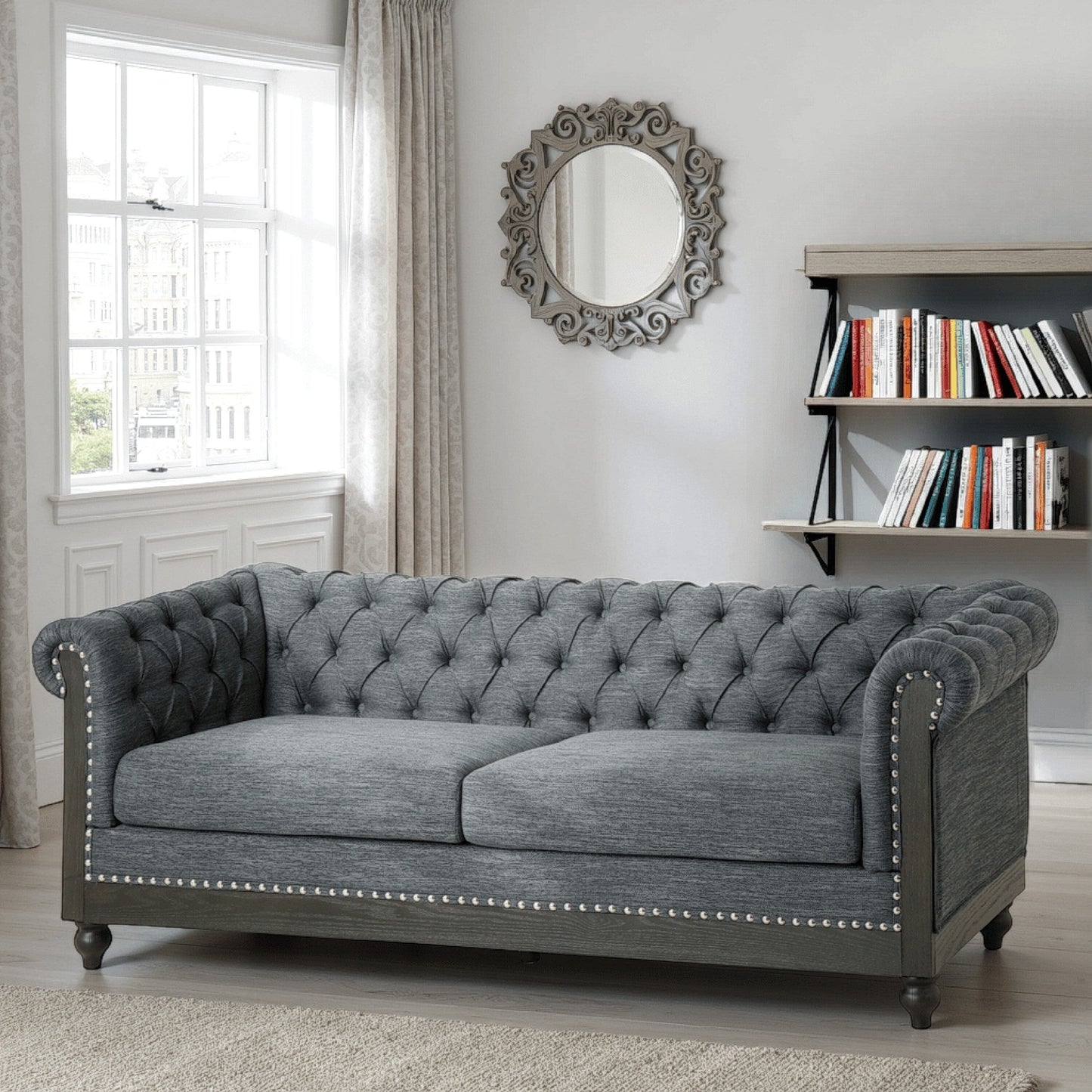 Divano Ober, Rivets Chesterfield con bottoni capitonné grigio, 86 pollici, marrone talpa