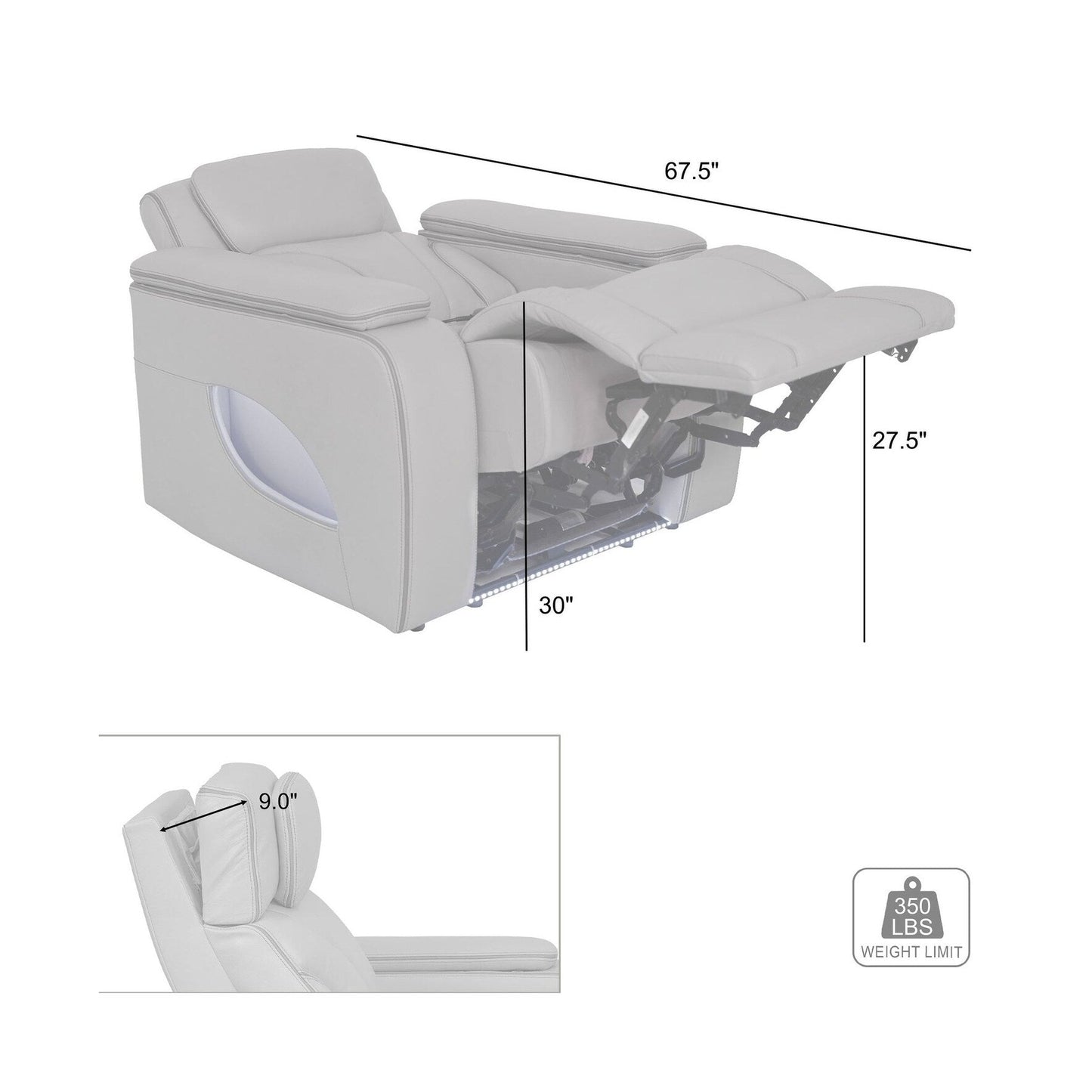 Poltrona reclinabile elettrica Octavia in pelle argento e grigio Zero Gravity con riscaldamento e massaggio