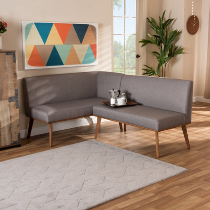 Set da pranzo con panca angolare in tessuto grigio Odessa e legno di noce, 2 pezzi