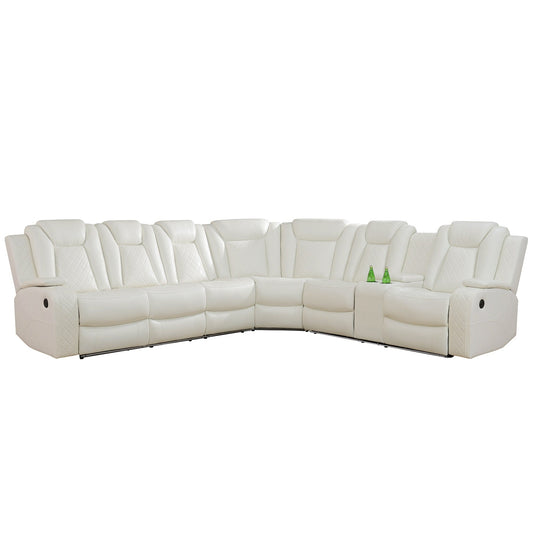 Set di divani reclinabili da soggiorno in pelle traspirante bianco sporco, 3 pezzi