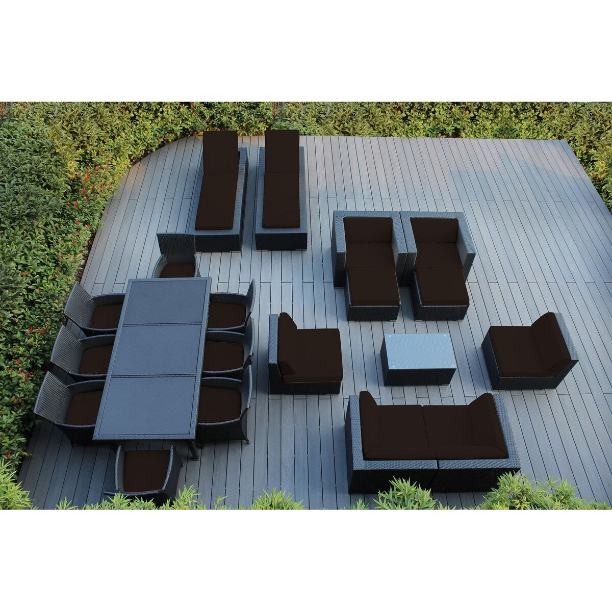 Set da pranzo, divano e chaise longue Ohana Outdoor Patio da 20 pezzi in vimini nero