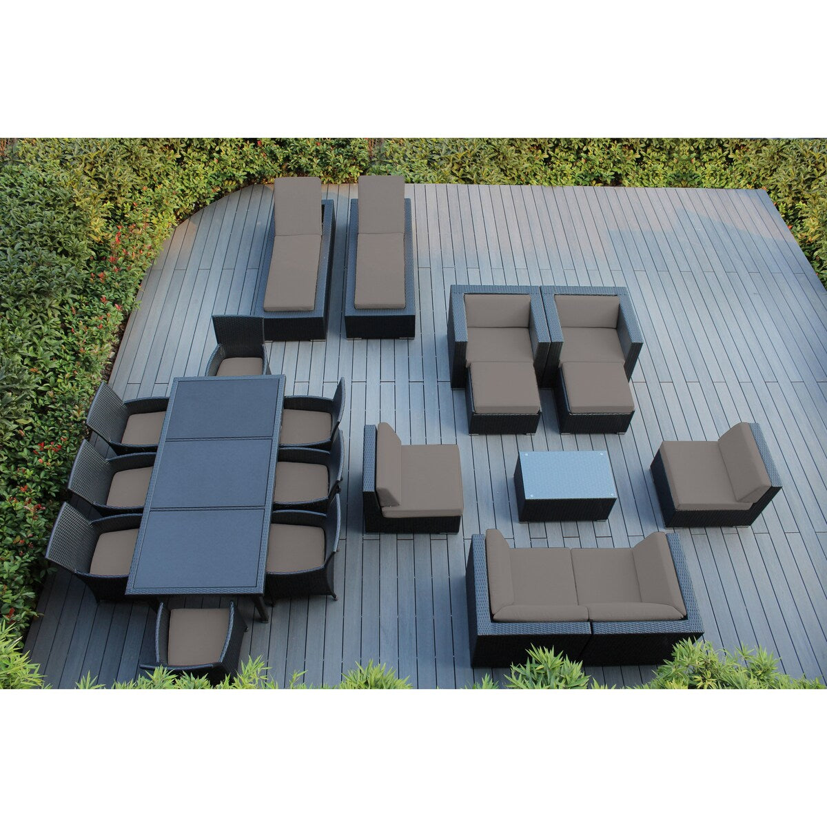 Set da pranzo, divano e chaise longue Ohana Outdoor Patio da 20 pezzi in vimini nero