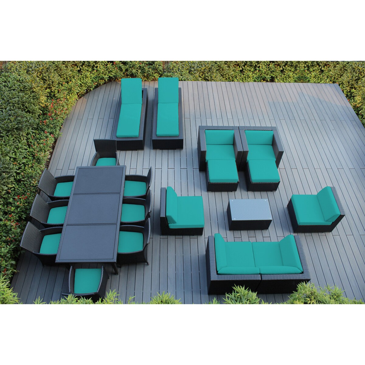Set da pranzo, divano e chaise longue Ohana Outdoor Patio da 20 pezzi in vimini nero