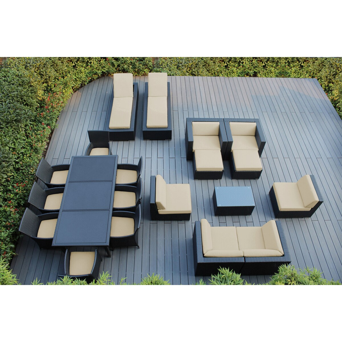 Set da pranzo, divano e chaise longue Ohana Outdoor Patio da 20 pezzi in vimini nero