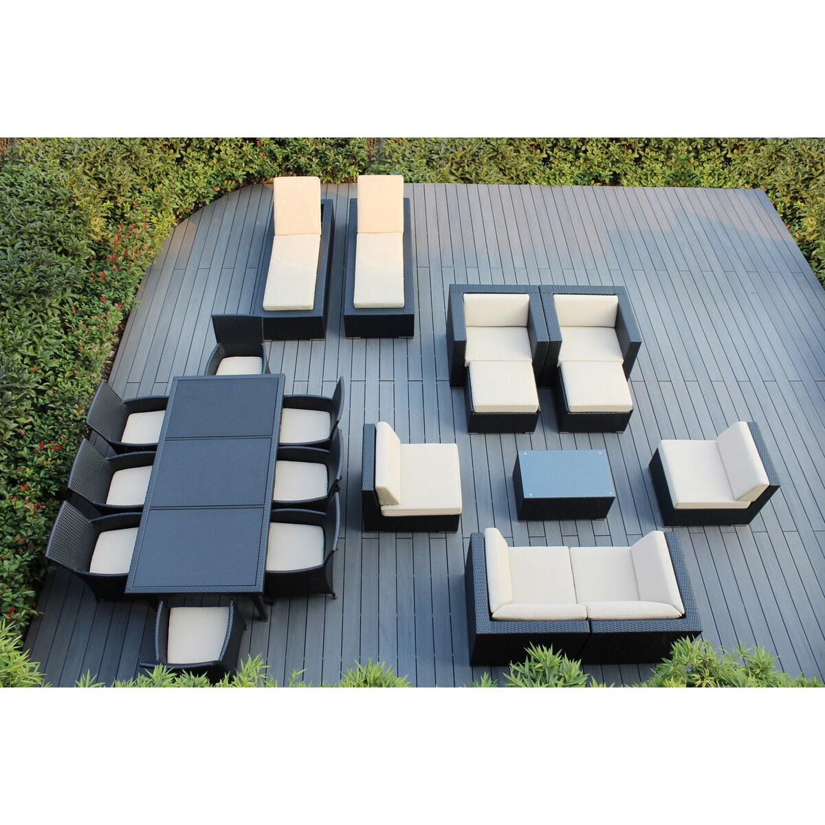Set da pranzo, divano e chaise longue Ohana Outdoor Patio da 20 pezzi in vimini nero