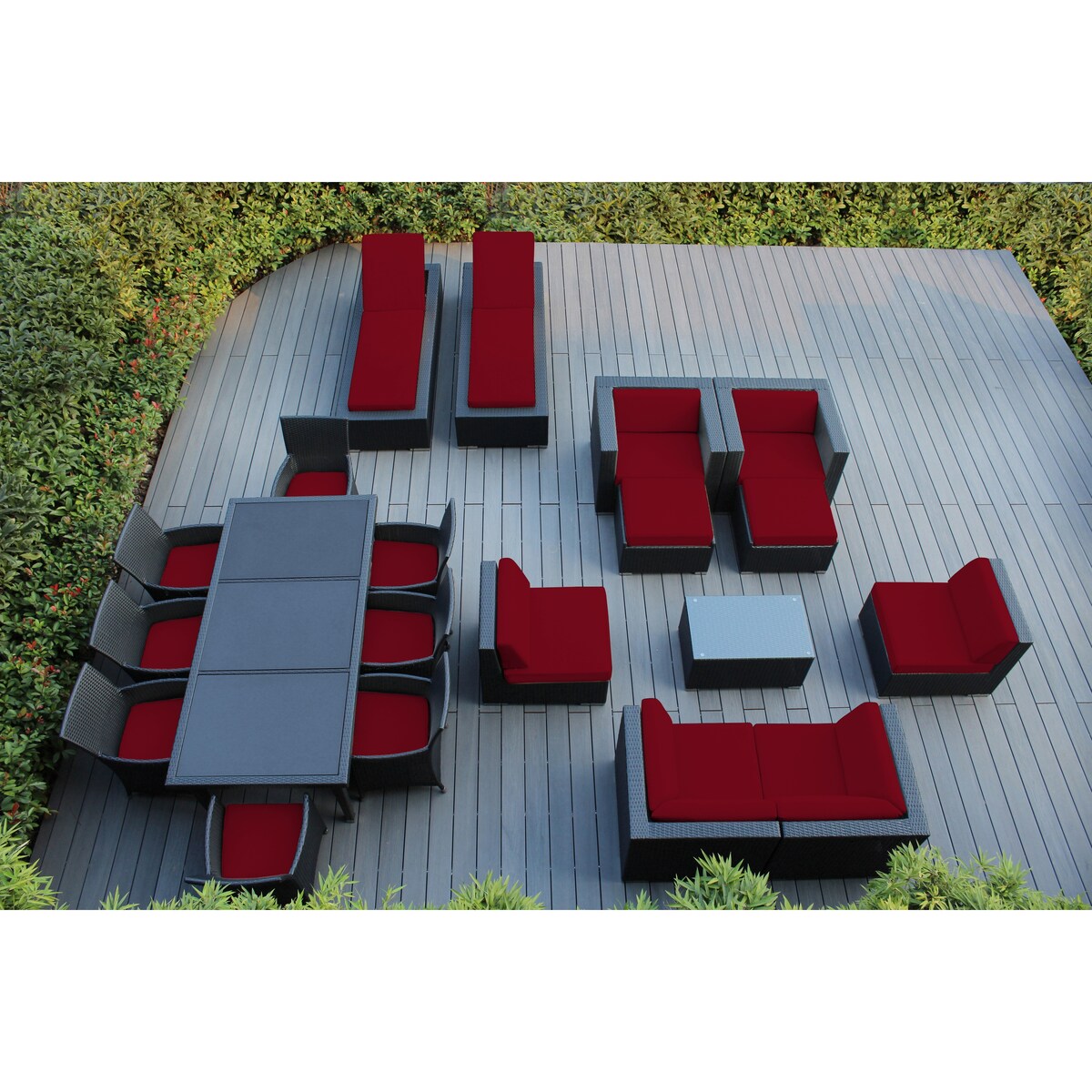 Set da pranzo, divano e chaise longue Ohana Outdoor Patio da 20 pezzi in vimini nero