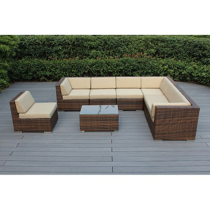 Divano componibile Ohana Outdoor Patio da 8 pezzi in vimini marrone misto con cuscini - Nessun montaggio