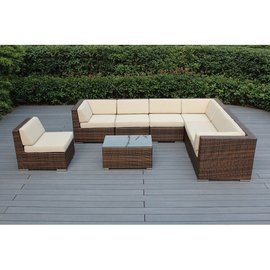 Divano componibile Ohana Outdoor Patio da 8 pezzi in vimini marrone misto con cuscini - Nessun montaggio