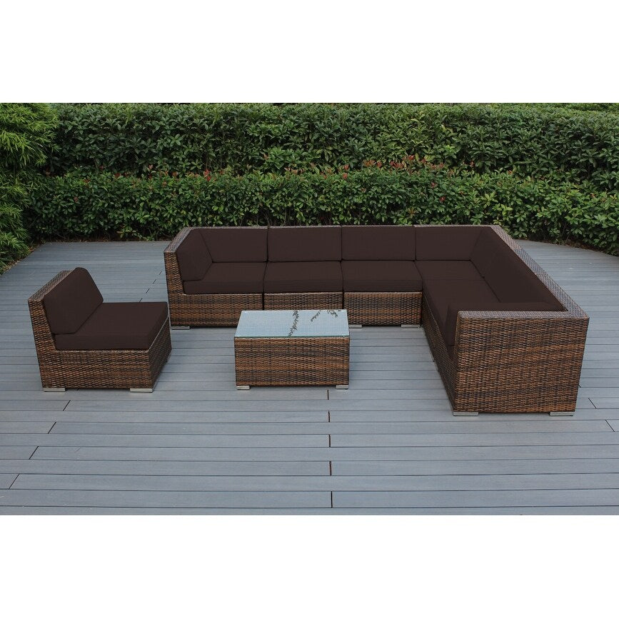Divano componibile Ohana Outdoor Patio da 8 pezzi in vimini marrone misto con cuscini - Nessun montaggio