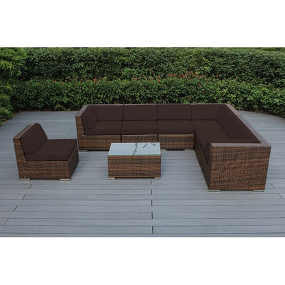 Divano componibile Ohana Outdoor Patio da 8 pezzi in vimini marrone misto con cuscini - Nessun montaggio