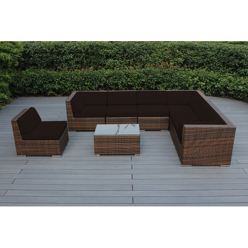Divano componibile Ohana Outdoor Patio da 8 pezzi in vimini marrone misto con cuscini - Nessun montaggio