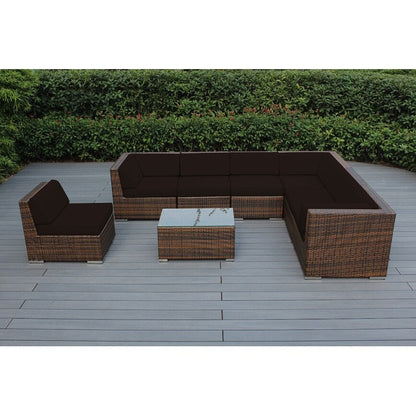 Divano componibile Ohana Outdoor Patio da 8 pezzi in vimini marrone misto con cuscini - Nessun montaggio