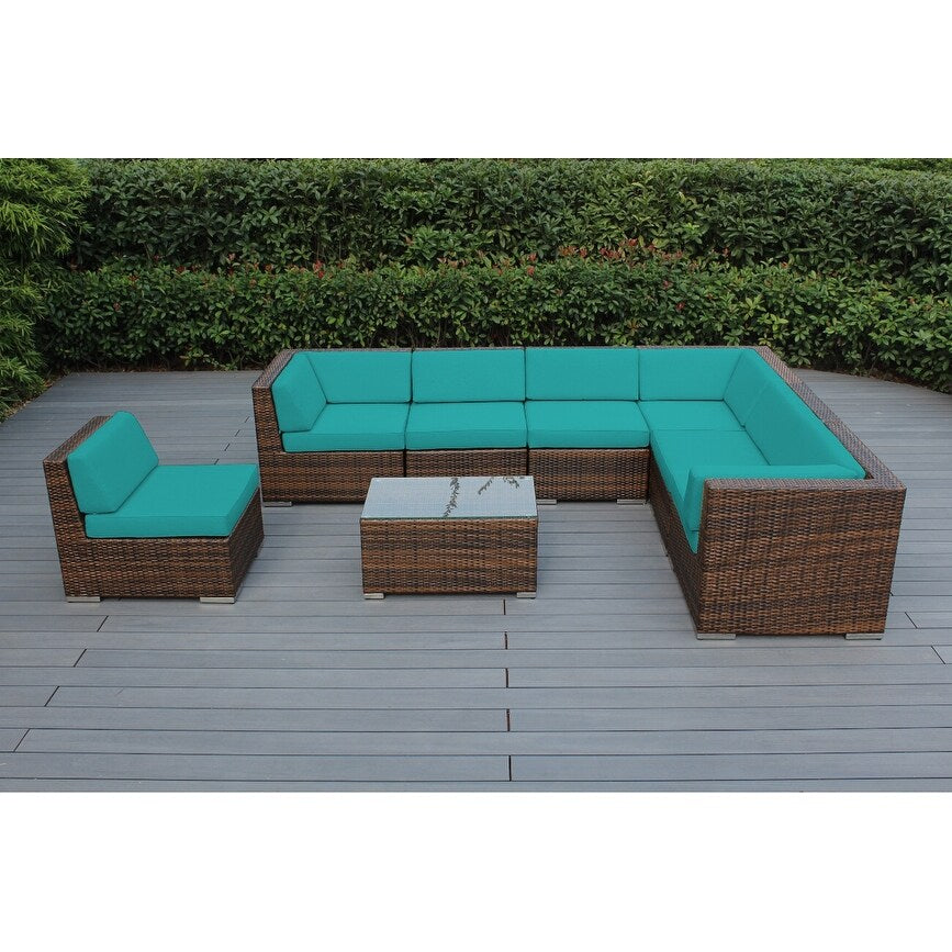 Divano componibile Ohana Outdoor Patio da 8 pezzi in vimini marrone misto con cuscini - Nessun montaggio