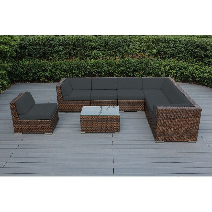 Divano componibile Ohana Outdoor Patio da 8 pezzi in vimini marrone misto con cuscini - Nessun montaggio