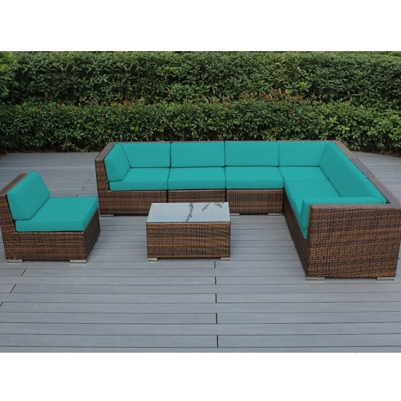 Divano componibile Ohana Outdoor Patio da 8 pezzi in vimini marrone misto con cuscini - Nessun montaggio