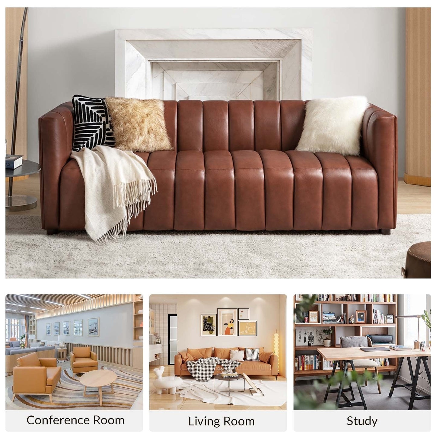 Divano moderno Olinto da 83 pollici in vera pelle con schienale curvo e canale di HULALA HOME