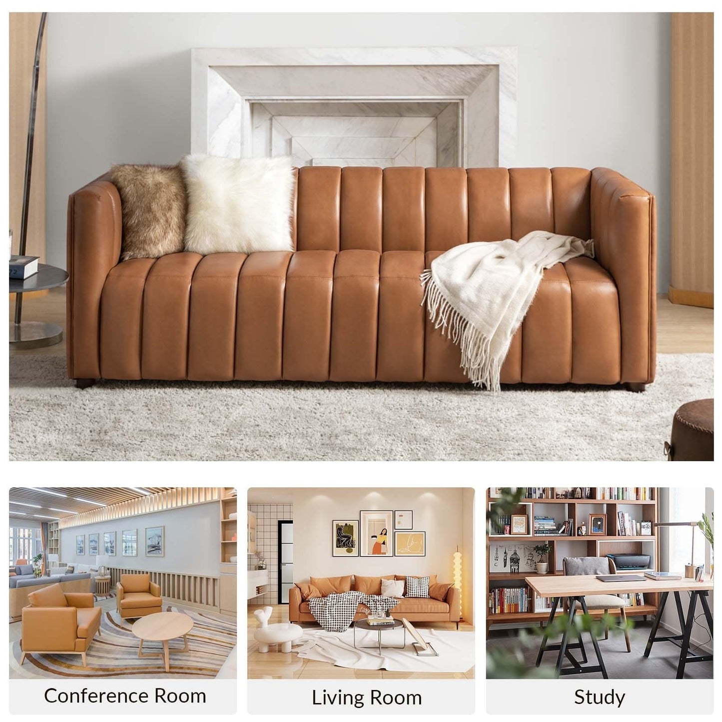 Divano moderno Olinto da 83 pollici in vera pelle con schienale curvo e canale di HULALA HOME