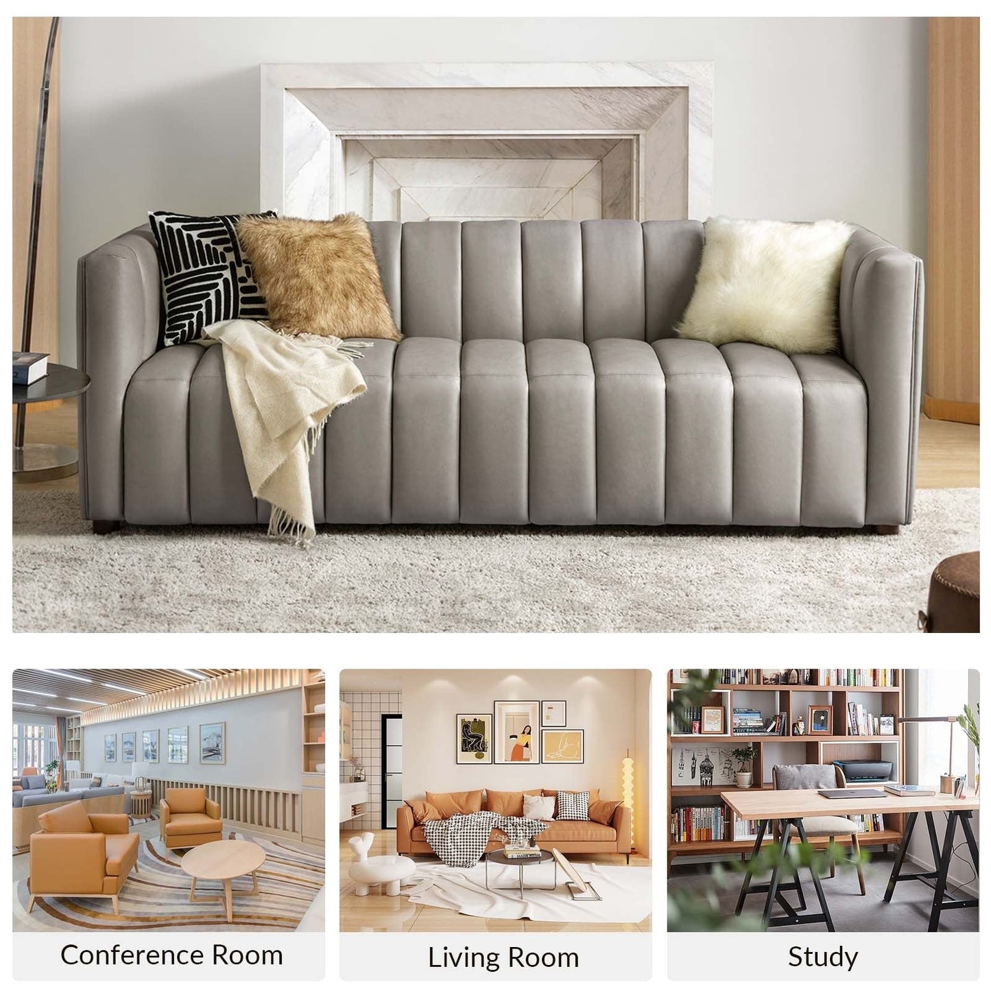 Divano moderno Olinto da 83 pollici in vera pelle con schienale curvo e canale di HULALA HOME