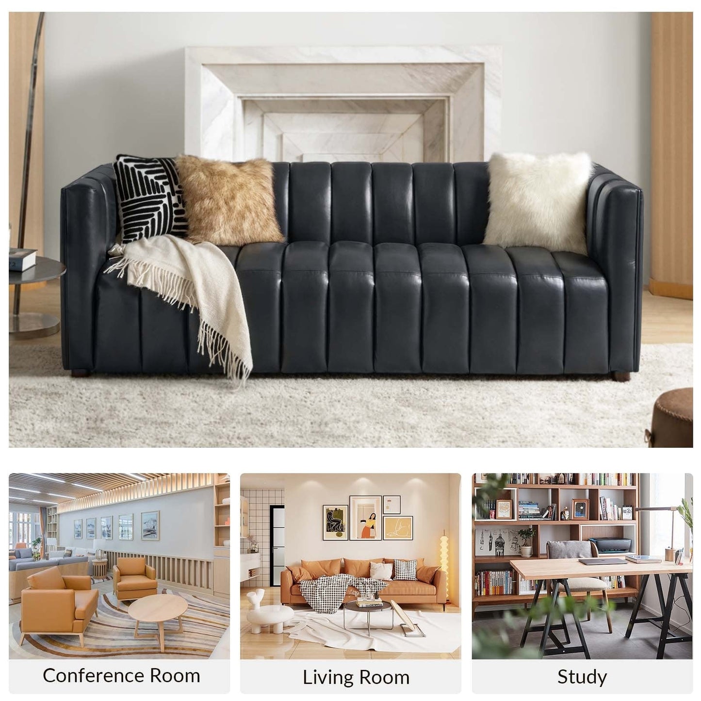 Divano moderno Olinto da 83 pollici in vera pelle con schienale curvo e canale di HULALA HOME