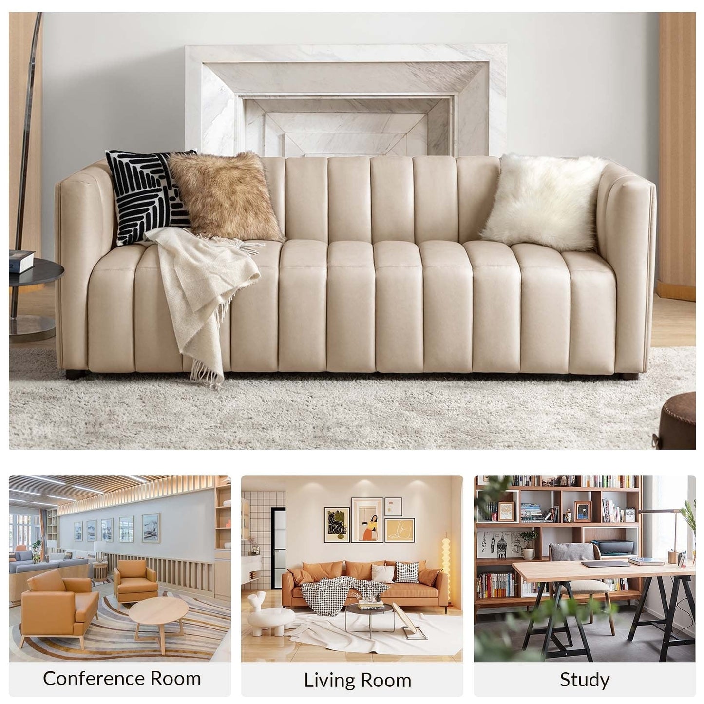 Divano moderno Olinto da 83 pollici in vera pelle con schienale curvo e canale di HULALA HOME