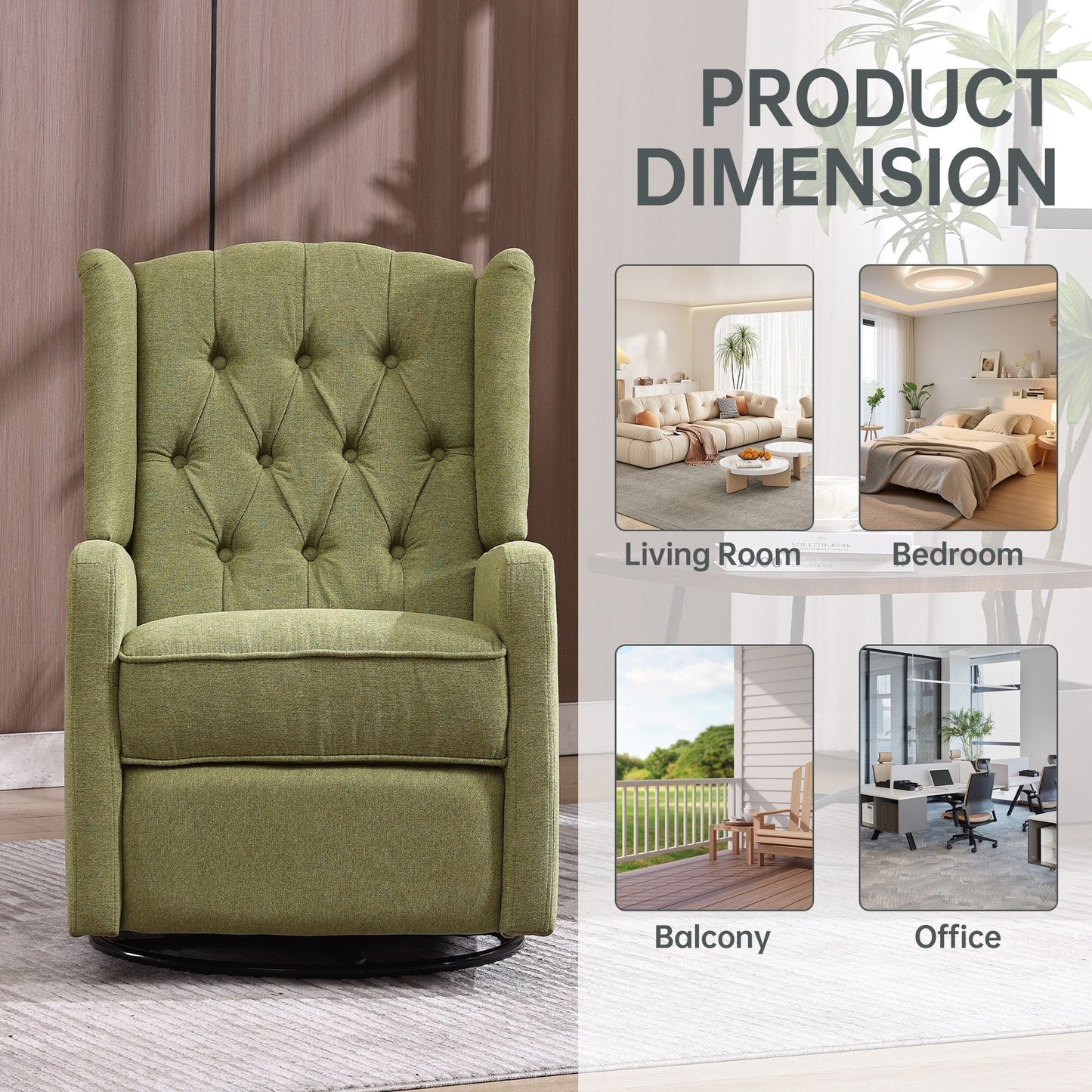 Poltrona reclinabile manuale girevole a 360° in lino verde oliva con schienale imbottito con bottoni e poggiapiedi per soggiorno e camera da letto