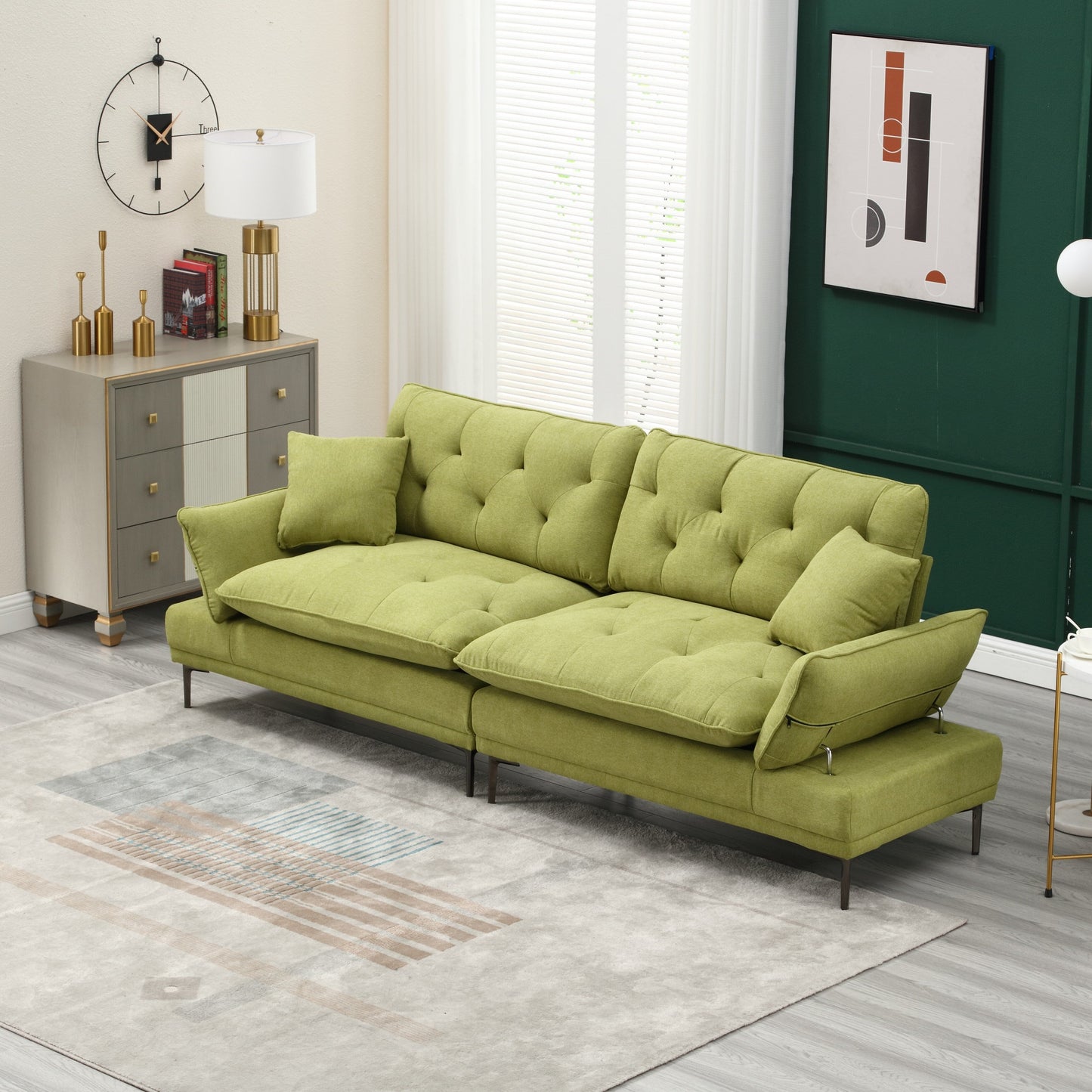 Divano a due posti Olive Modern 102.36 in lino con braccioli regolabili e cuscini trapuntati per soggiorno