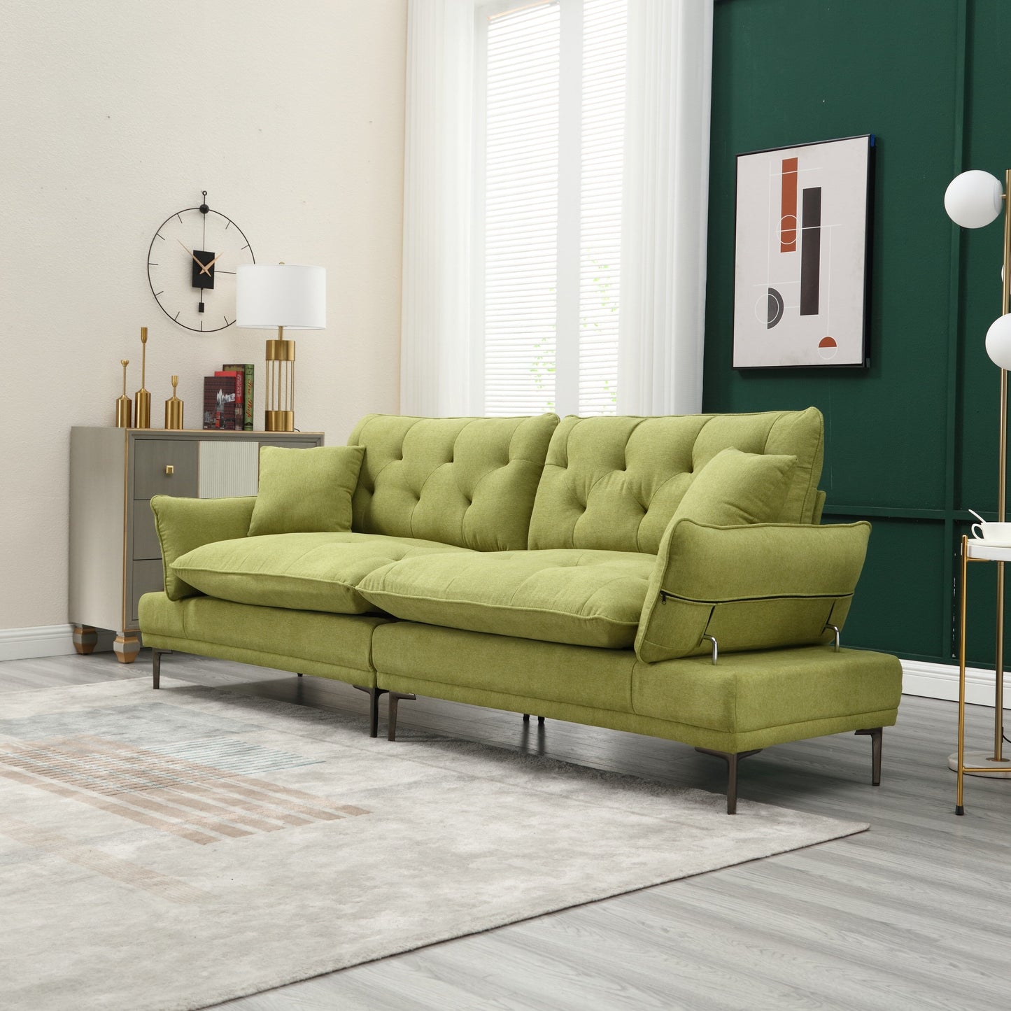 Divano a due posti Olive Modern 102.36 in lino con braccioli regolabili e cuscini trapuntati per soggiorno