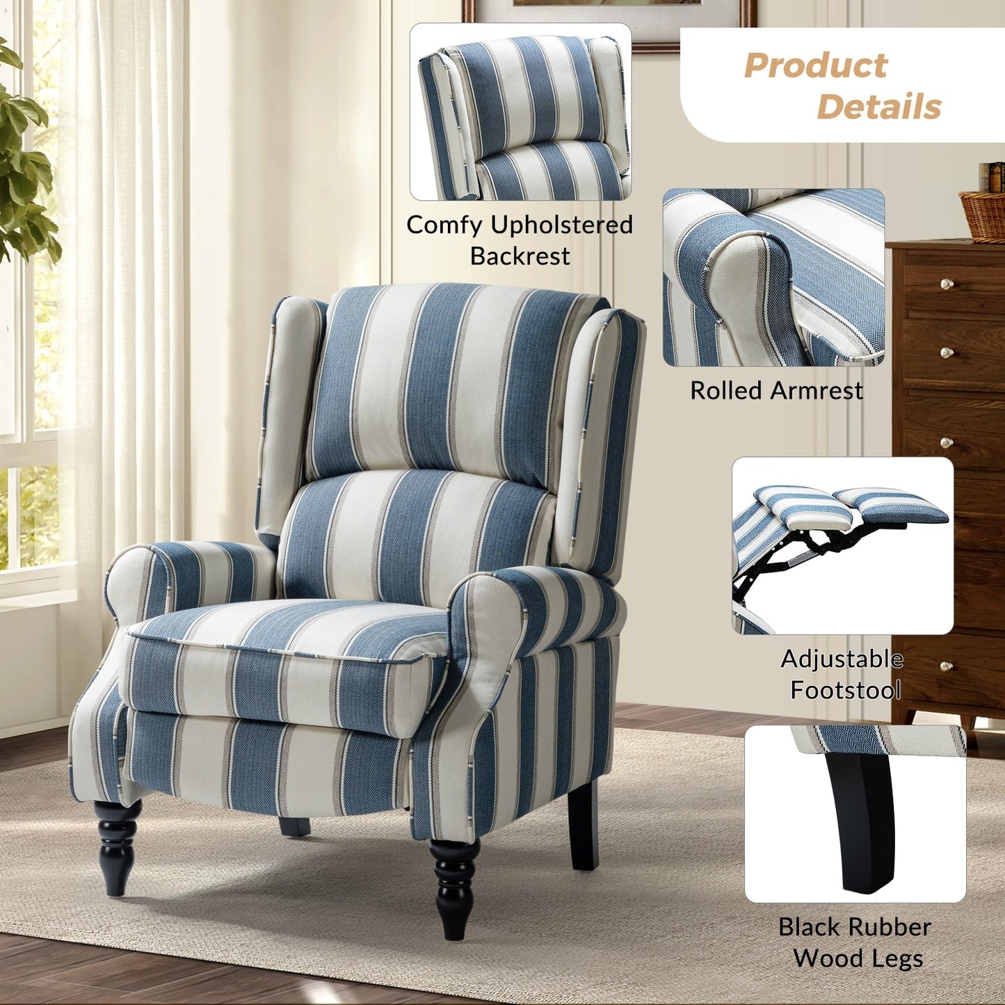 Poltrona reclinabile manuale classica imbottita Olympus con schienale alto e gambe in legno massello, set da 2 di HULALA HOME