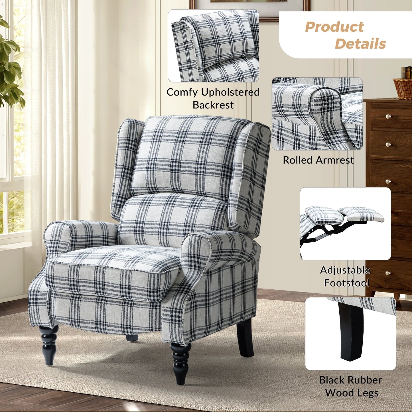 Poltrona reclinabile manuale classica imbottita Olympus con schienale alto e gambe in legno massello, set da 2 di HULALA HOME