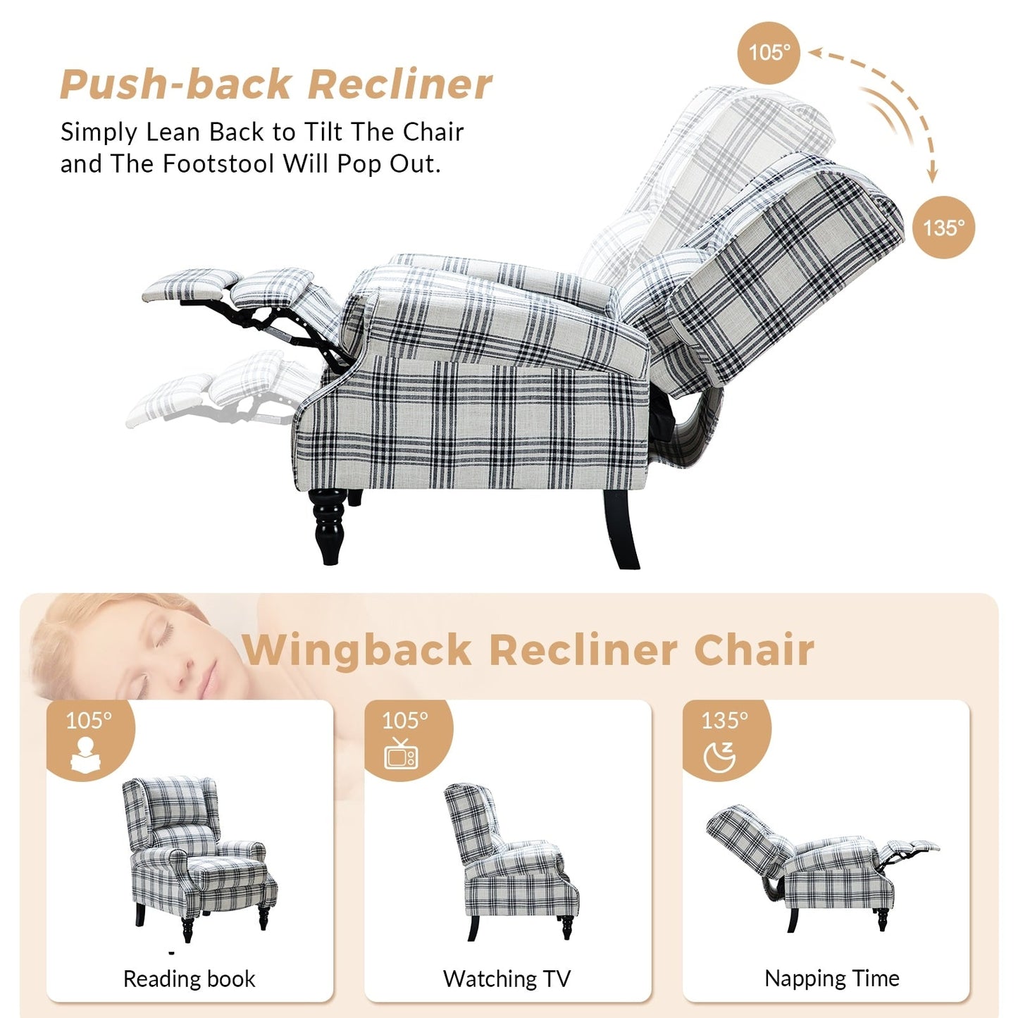 Poltrona reclinabile manuale classica imbottita Olympus con schienale alto e gambe in legno massello, set da 2 di HULALA HOME