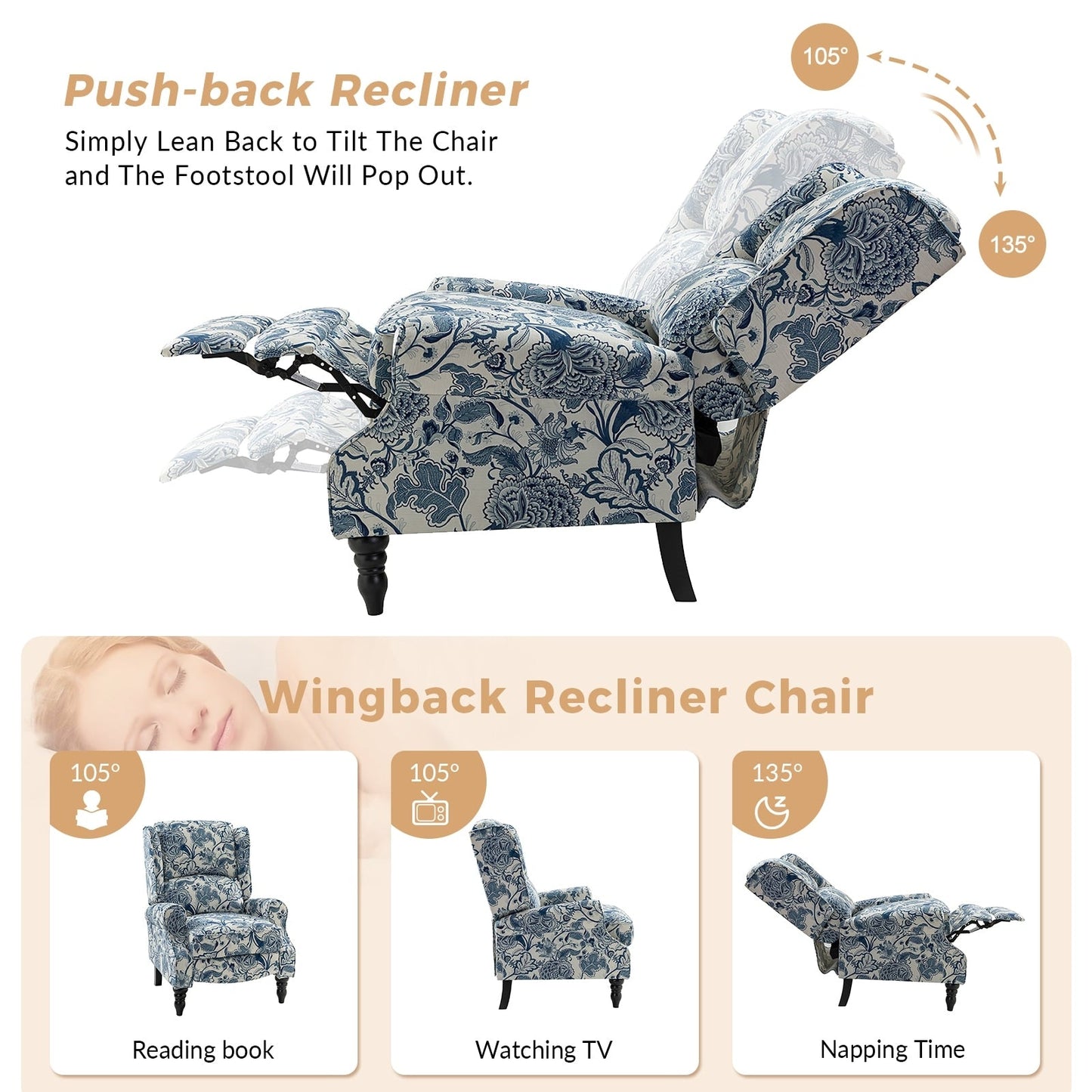 Poltrona reclinabile manuale classica imbottita Olympus con schienale alto e gambe in legno massello, set da 2 di HULALA HOME