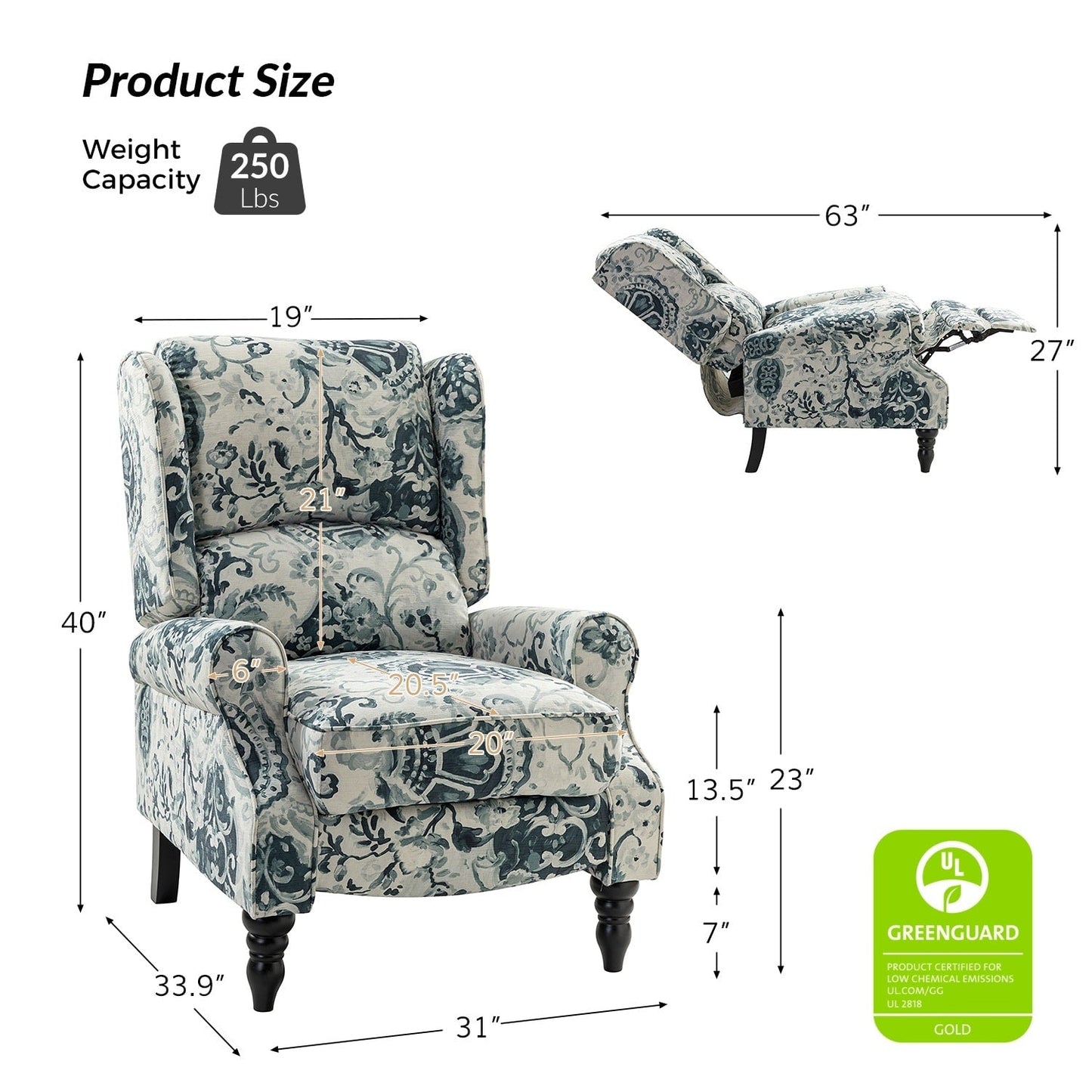 Poltrona reclinabile manuale classica imbottita Olympus con schienale alto e gambe in legno massello, set da 2 di HULALA HOME