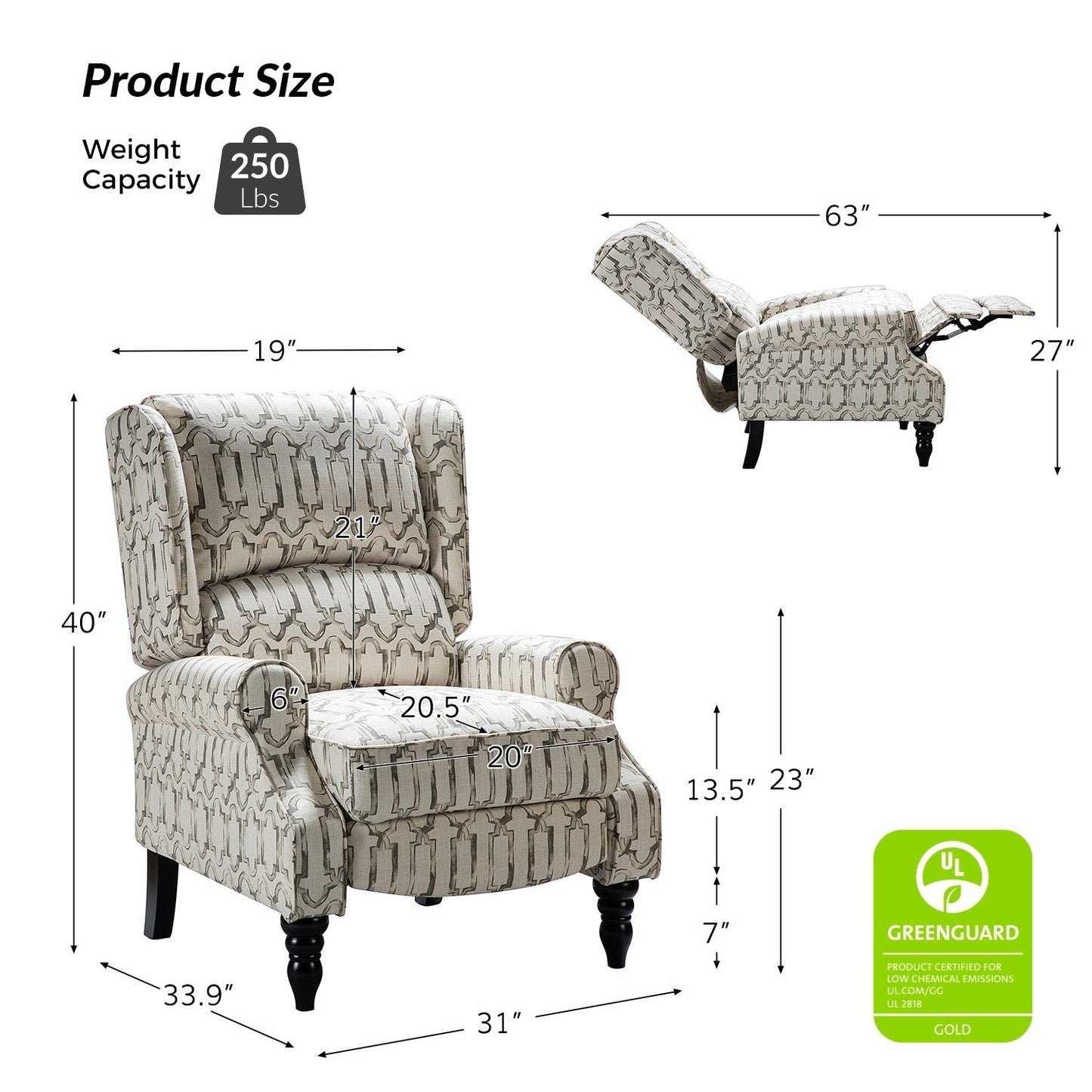 Poltrona reclinabile manuale classica imbottita Olympus con schienale alto e gambe in legno massello, set da 2 di HULALA HOME