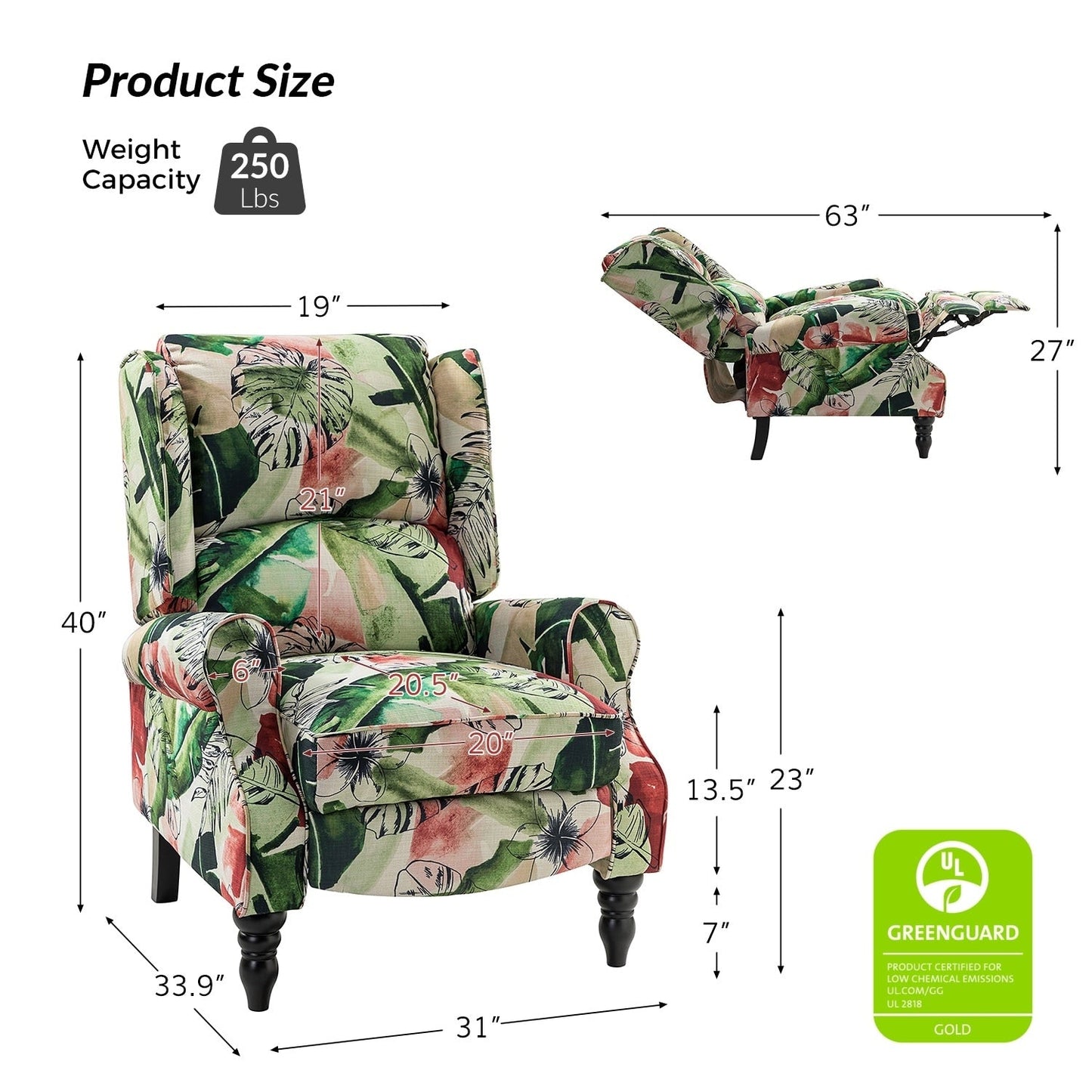 Poltrona reclinabile manuale classica imbottita Olympus con gambe in legno massello di HULALA HOME