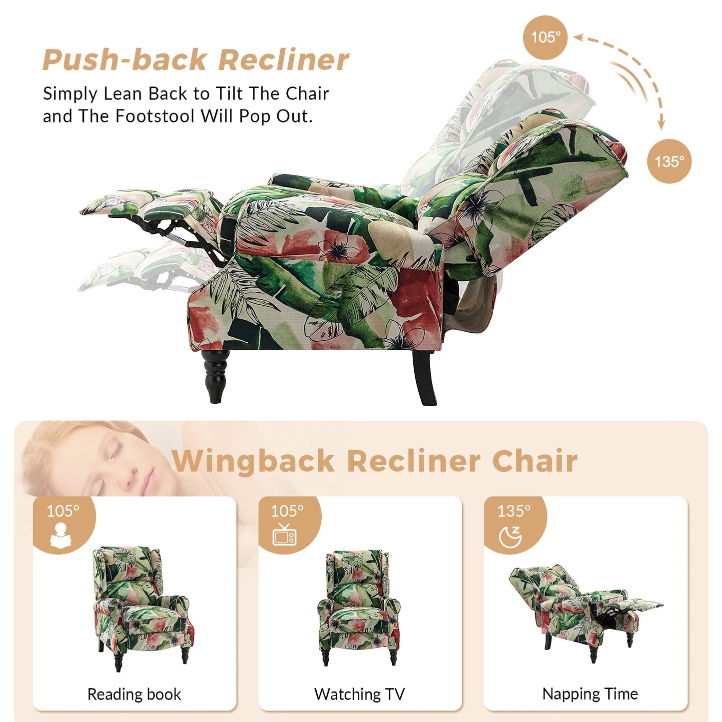 Poltrona reclinabile manuale classica imbottita Olympus con gambe in legno massello di HULALA HOME