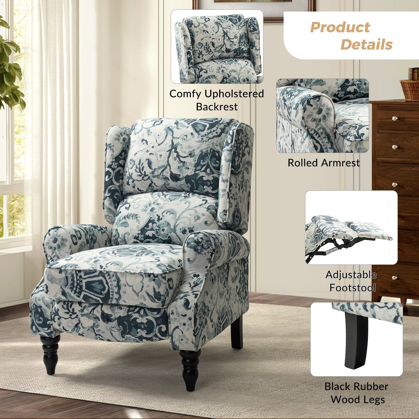 Poltrona reclinabile manuale classica imbottita Olympus con gambe in legno massello di HULALA HOME