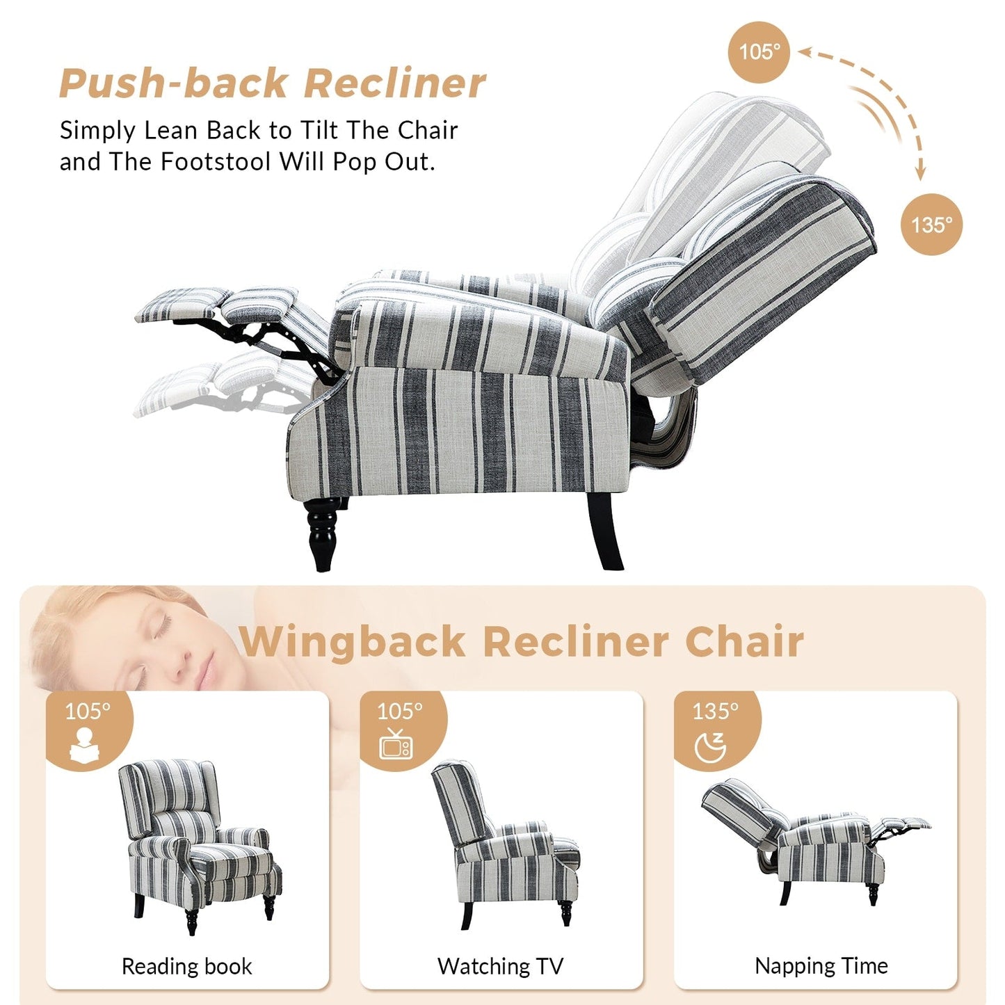 Poltrona reclinabile manuale classica imbottita Olympus con gambe in legno massello di HULALA HOME