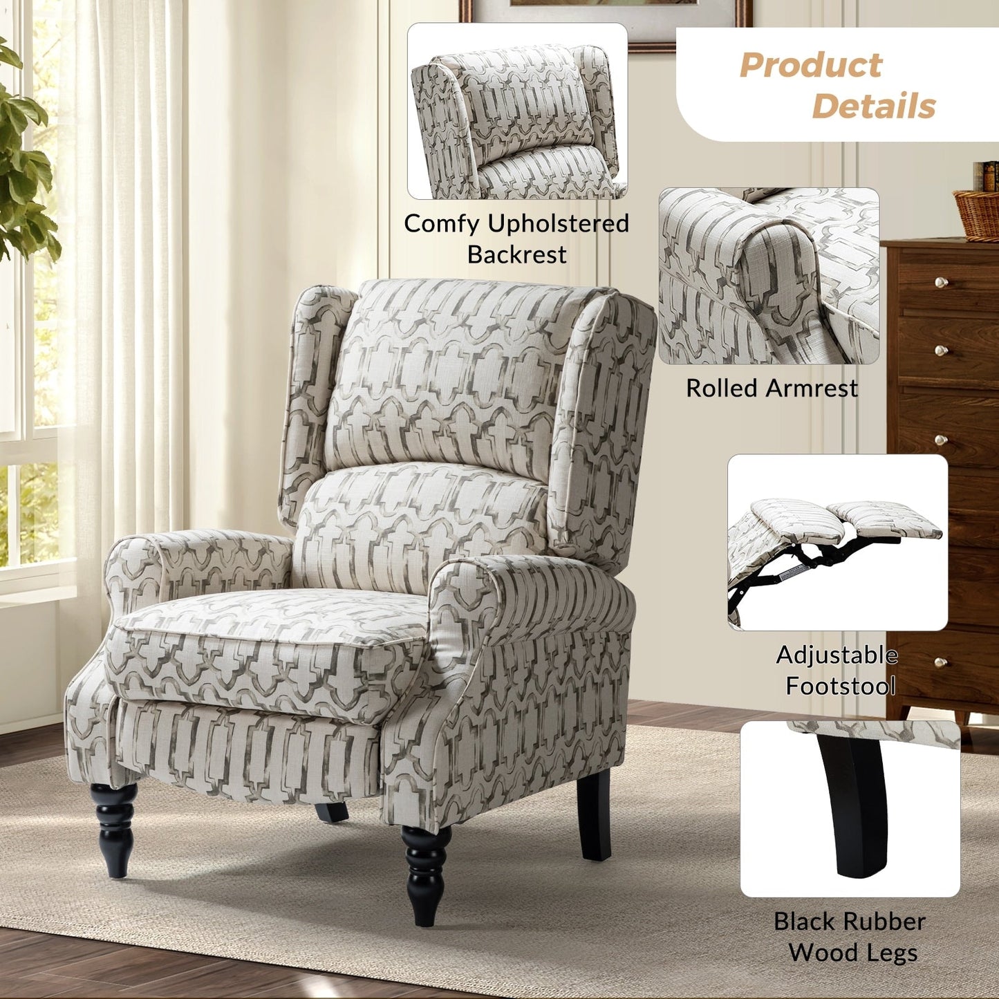 Poltrona reclinabile manuale classica imbottita Olympus con gambe in legno massello di HULALA HOME