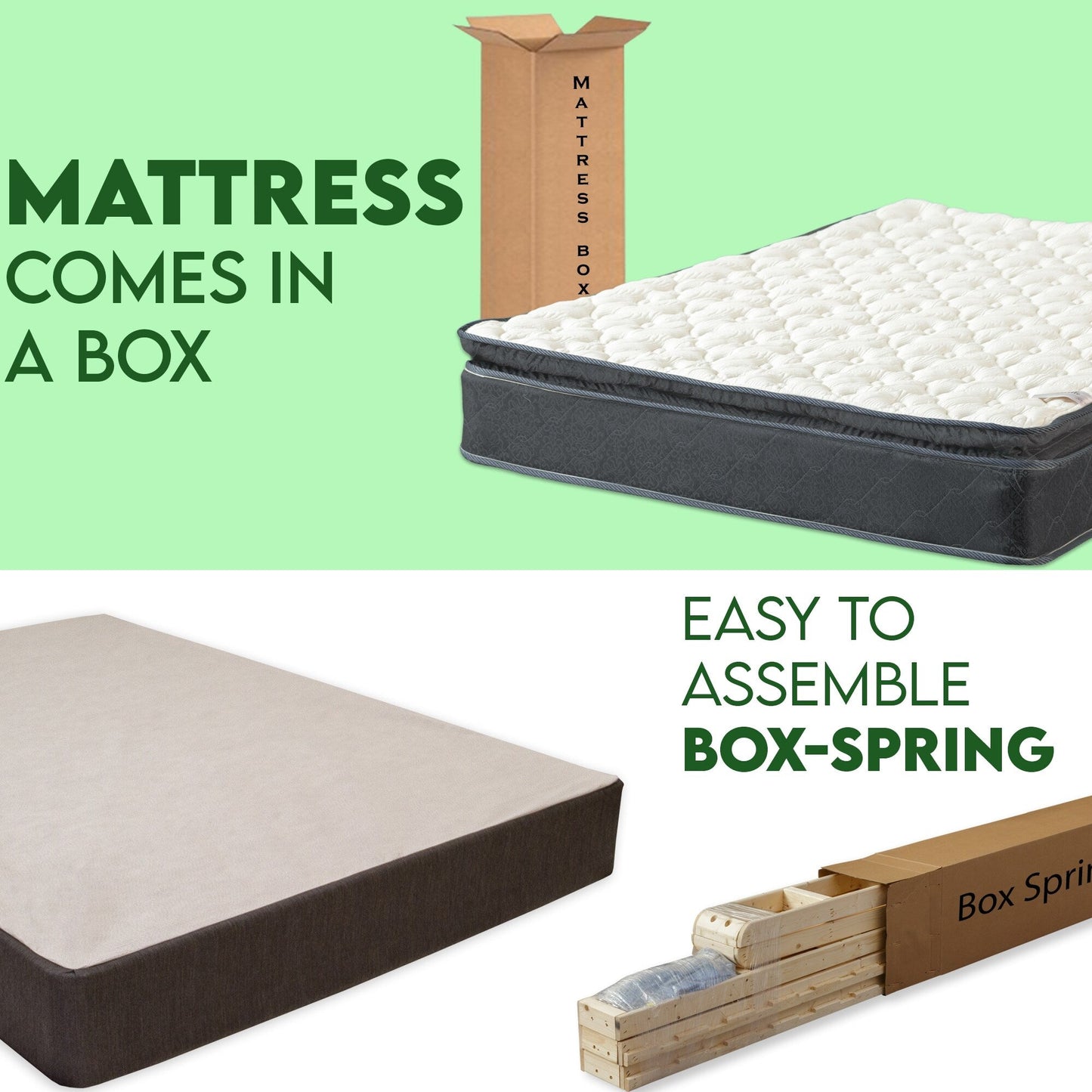 Set di materasso e box spring Onetan, materasso ibrido con pillow top medio da 10 pollici e box spring in legno di facile montaggio a 5 strati,