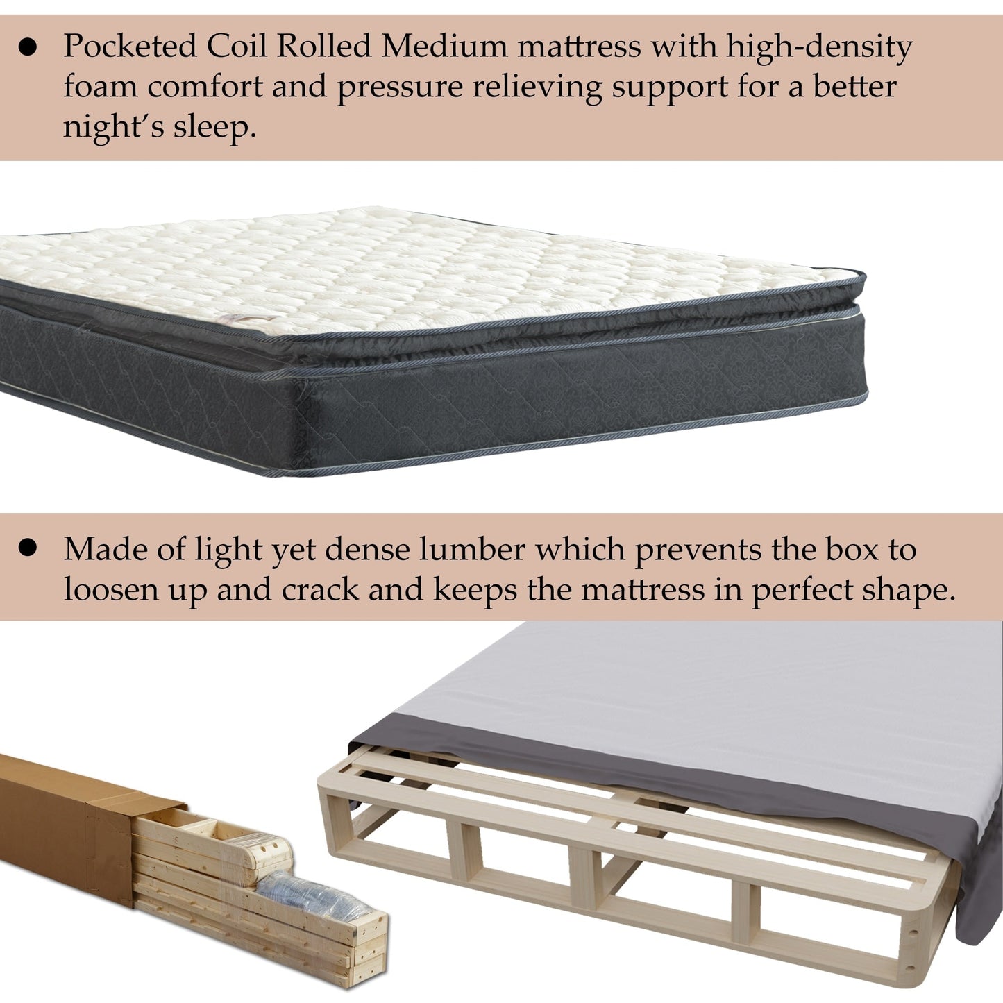 Set materasso e box spring Onetan, materasso ibrido con memory foam da 10 pollici e box spring in legno di facile montaggio.