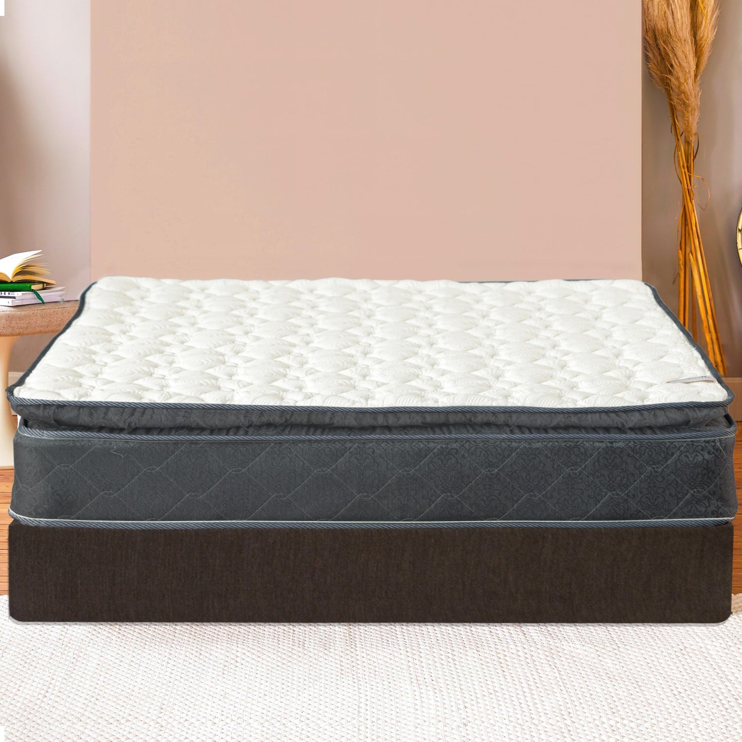 Set materasso e box spring Onetan, materasso ibrido con memory foam da 10 pollici e box spring in legno di facile montaggio.