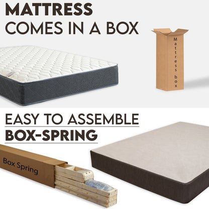 Set di materasso e box spring Onetan, materasso ibrido con parte superiore mediamente stretta da 9 pollici e box spring in legno di facile montaggio da 5 pollici