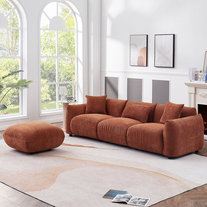 Divano a 3 posti imbottito in bouclé arancione da 102,36'' con pouf, 3 cuscini, design ergonomico e imbottitura spessa