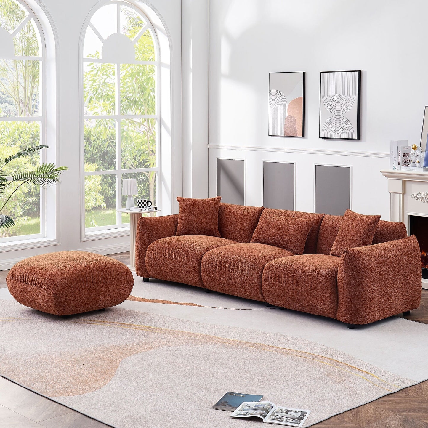 Divano a 3 posti imbottito in bouclé arancione da 102,36'' con pouf, 3 cuscini, design ergonomico e imbottitura spessa per il soggiorno