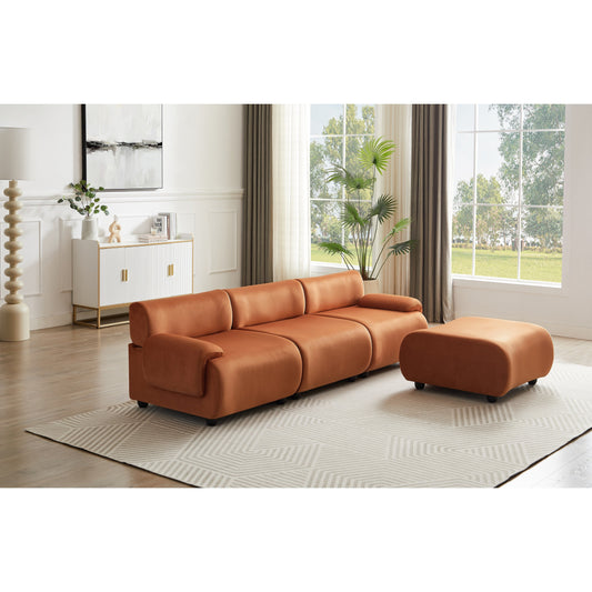 Divano trasformabile arancione da 105'' a L con pouf mobile