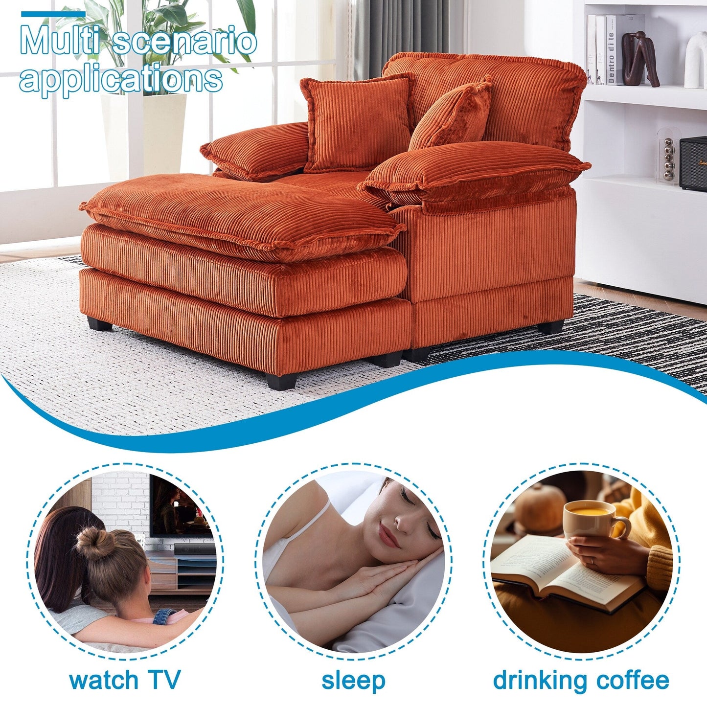 Divano letto singolo in velluto a coste arancione 59,3 con 2 cuscini e pouf per soggiorno